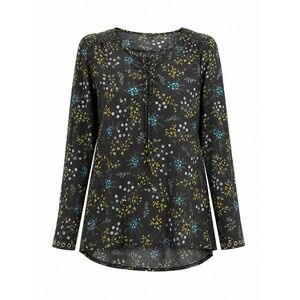 Ruff Hewn Grey Womens XL Black Floral Lace Up Grommet Long‎ Sleeve Blouse Top